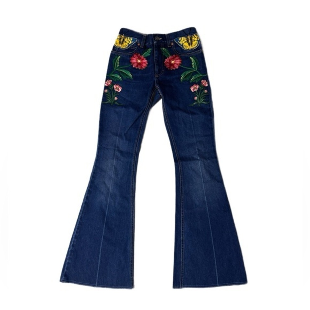 Gucci Embroidered Butterfly Floral Flare Jeans Blue Italian Designer Size 23